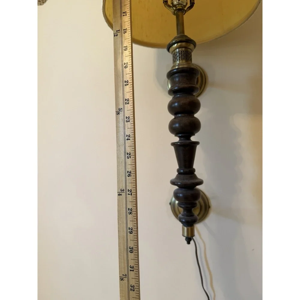 Vintage Roman Column Wall Sconce Lamp Wood Brass Org Linen Shade MCM Style